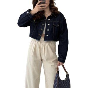 Women's Cropped Jean Denim Jackets Button Down Long Sleeve Jacket Dark Blue-b